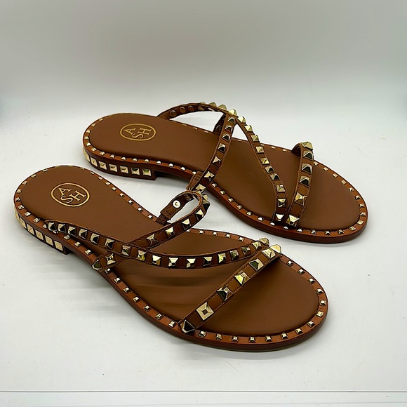 ASH Leather Brown Gold Metal Studded Flip Flop Shoes **Size 37/US Size 6.5-7** - Picture 2 of 5